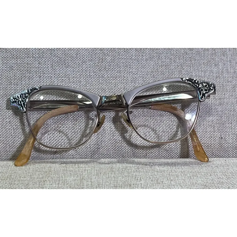 Vintage ArtCraft Silver Filigree Cat Eye Glasses Frames with Original Case